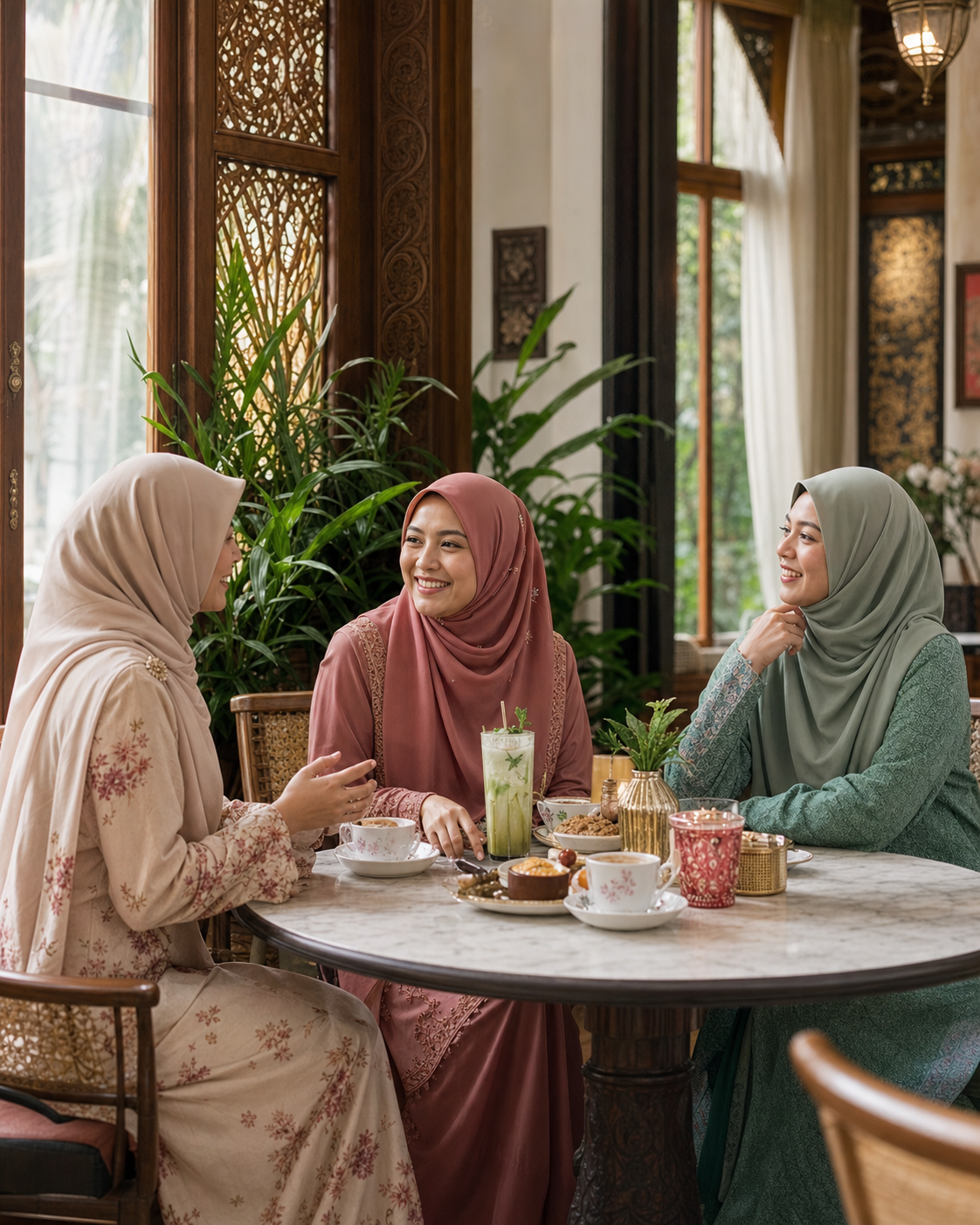 Tiga wanita Muslimah bersosial dengan gembira di dalam sebuah kafe