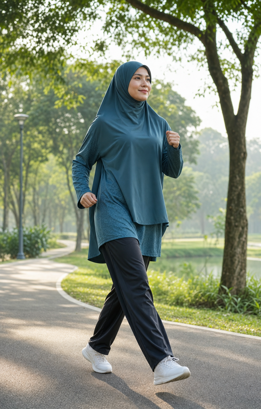 Wanita Muslimah memakai pakaian sukan lengkap sedang beriadah di taman rekreasi