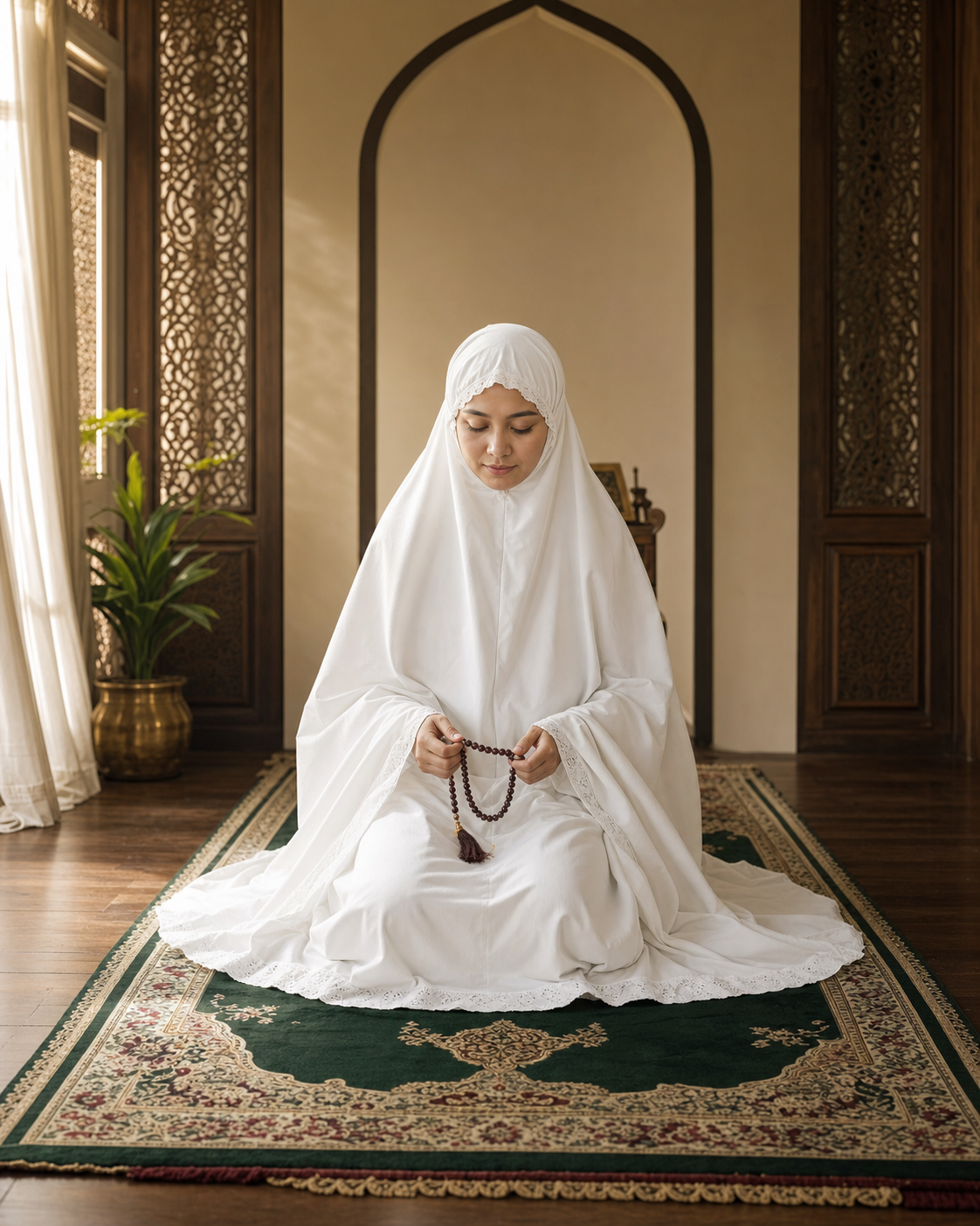 Wanita Muslimah lengkap bertelekung memegang tasbih sambil duduk di atas sejadah
